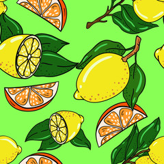 Seamless vector pattern with hand drawn lemons and leaves on green background. Citrus illustration.  Good for printing. Wallpaper, fabric and textile idea. Wrapping paper design.