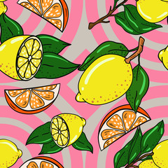 Seamless vector pattern with hand drawn lemons and leaves on colorful geometrical background. Citrus illustration.  Good for printing. Wallpaper, fabric and textile idea. Wrapping paper design.
