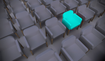 Fototapeta premium Concept or conceptual blue armchair standing out in a conference room as a metaphor for leadership, vision and strategy. A 3d illustration of individuality, creativity and achievement