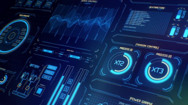 Perspective view of Futuristic interface/HUD/FUI/Digital screen glass panel with buttons/Control dashboard
