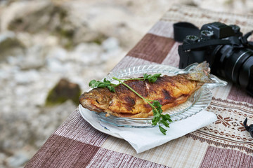 Delicious trout fried in nature