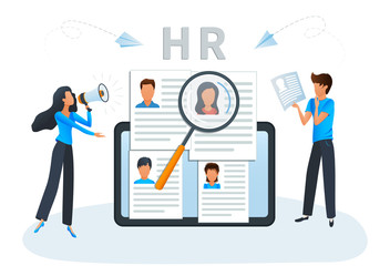 Concept Human Resources, recruitment and headhunting agency. Employment service website. Vector illustration HR, hiring, CV, job search, interview, employment process, looking for talent