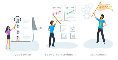Metaphor concept of job searching. Specialist recruitment. Employment service. Job seekers. Employment process, reviewing resume, hiring new employee, choosing a candidate. Startup business..