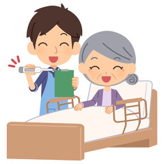 介護　体温計　笑顔　男性　年配女性
