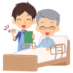 介護　体温計　笑顔　男性　年配男性