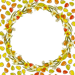 floral frame with hand drawn narcissus flowers and easter eggs.