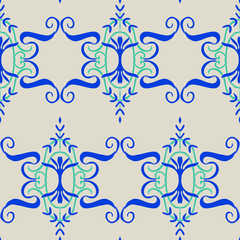 Seamless vector vintage wallpaper design on blue. Repeat fabric decoration tile. 