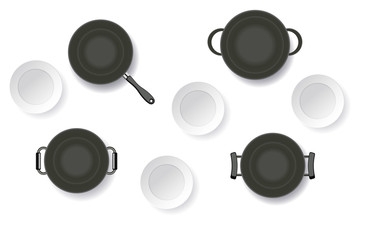 the pan and the plate on the white background	