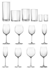 Set of empty glass glasses and wine glasses