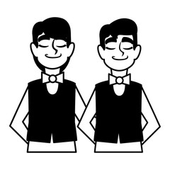 men waiters with uniform in different poses