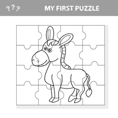Cartoon Vector Illustration of Education Jigsaw Puzzle Game for Preschool Children with Funny Donkey Farm Animal - My first puzzle and coloring book
