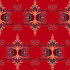 Seamless vector wallpaper design Victorian style. Dark textile repeat pattern on red background. Ideal for fashion, fabric, textile.