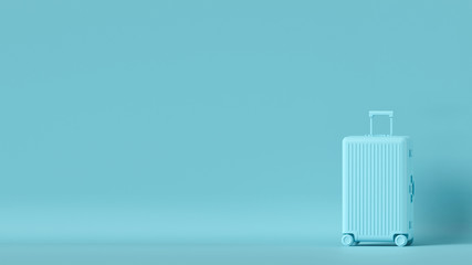 Vacation luggage concept, blue pastel room, minimalist travel background with space for text. Blue baggage mockup, suitcase bag, wheeled design mock up, travel luggage plastic bag. Tourism traveling.