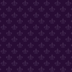Seamless background with a staggered heraldic Lily on a noble purple background. Mardi Gras Carnival. Vector illustration isolated for design and web.