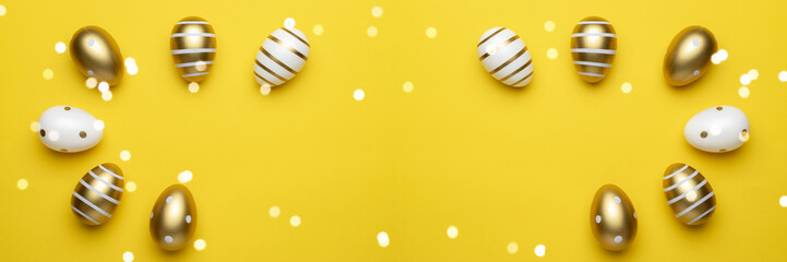 Happy Easter golden shine decorated eggs in basket isolated on yellow background. For greeting card, promotion, poster, flyer, web-banner, article