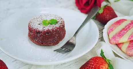Homemade Ted velvet Molten cake/ valentines day dessert, selective focus
