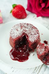 Homemade Ted velvet Molten cake/ valentines day dessert, selective focus