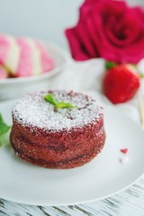 Homemade Ted velvet Molten cake/ valentines day dessert, selective focus