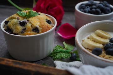 Valentines day breakfast Blueberry muffin yogurt granola served in a tray