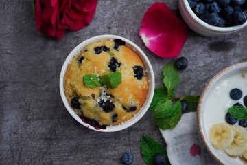 Valentines day breakfast Blueberry muffin yogurt granola served in a tray