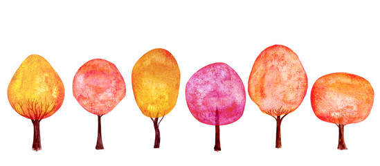 Autumn orange red gold trees set background. Watercolor cartoon colorful fresh tree collection