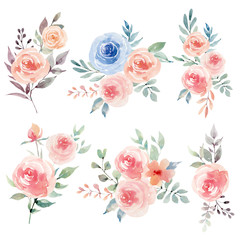 Watercolor flowers set in vintage style.