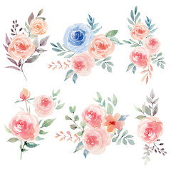Fototapeta premium Watercolor flowers set in vintage style.