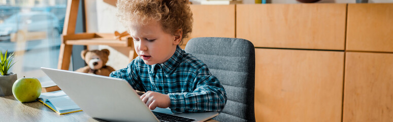 panoramic shot of cute kid using laptop at home