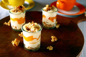 joghurt dessert mit aprikosenmus waffelboden und kandierten Mandeln