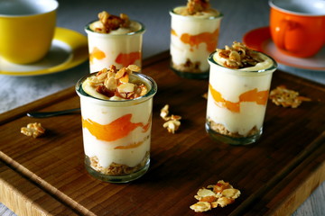 joghurt dessert mit aprikosenmus waffelboden und kandierten Mandeln