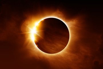 A solar eclipse. The total eclipse is caused when the sun, moon and earth align. Illustration. - obrazy, fototapety, plakaty