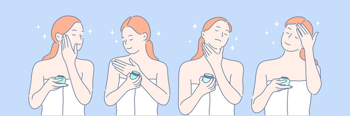 Fototapeta premium Beauty, makeup, skincare set concept. Young woman use cosmetic to look beautiful. Girl smears ointment on her neck, shoulder, forehead and cheek. Skincare is important for women. Simple flat vector