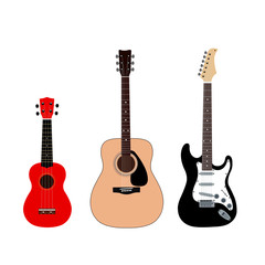 A set of guitars. Acoustic guitar, electric guitar and ukulele. Stringed musical instruments on a white background. Flat style