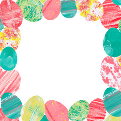 Easter eggs square frame. Bright hand-drawn elements on a white background. In mixed media collage on paper. For printing, postcards, posters.
