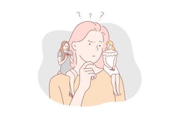 Good and evil, difficult choice concept. Young woman can not choose between good and evil. Thoughtful perplexed girl makes difficult choice and is temptated by angel and demon. Simple flat vector