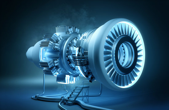 Futuristic Engineering. A glowing jet engine in the process of being constructed. 3D illustration.