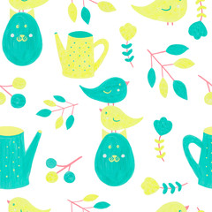 Seamless pattern with small birds, spring branches, funny cats, watering can. Gouache and acrylic hand drawn elements. For packaging and, textiles, prints, wallpaper