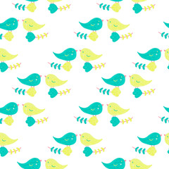 Fototapeta premium Spring romantic seamless pattern with little birds in love and flower. Gouache and acrylic hand drawn elements. For packaging, textiles and prints, wallpaper