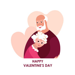 Happy St Valentine Day Celebration.14th February.Loving Old Pensioner Man and Elderly Woman Couple Hug each other. Falling in Love