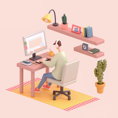 Young man sitting at office desk working on a computer. Cartoon guy with headphones listening to music. Modern teenager boy room with workplace, bookshelves, cactus. 3d illustration in pastel colors.
