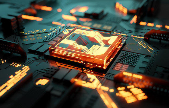 Futuristic CPU processor and machine learning concept. 3D illustration