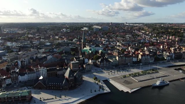 Casual Aerial Drone View On Old City Center Of Aarhus, Denmark