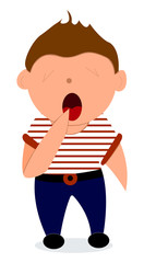 Illustration depicting a boy letting out a big yawn while stretching. In a striped T-shirt.