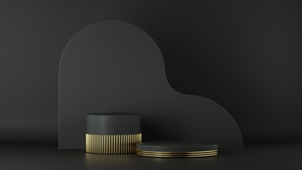 3d render, minimalist black gold background. Empty cylinder podium, vacant pedestal, round stage, showcase stand, product display, platform. Abstract architectural elements. Copy space. Premium design