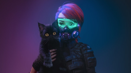 3d illustration of cyberpunk girl with short red hair wearing futuristic gas mask with protective green glasses and filters in jacket holding a black cat in one hand in night scene with air pollution. © roman3d