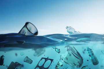 Ocean Pollution - Floating Bags and human plastic waste in the open ocean. 3D illustration.