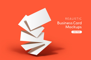 A stack of business cards on a orange background. Brand identity mockup design with shadows. Vector illustration.