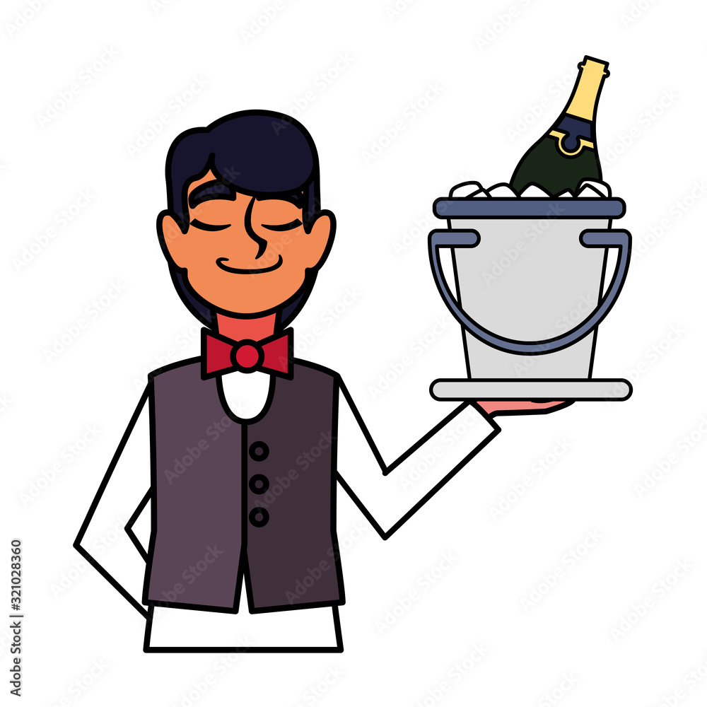 Canvas Prints man waiter holding tray with bottle wine on white background