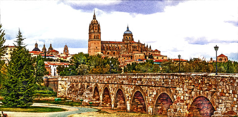 Panoramic view on Cathedral and roman bridge. Salamanca, Castile and Leon, Spain. Color pencil sketch illustration.