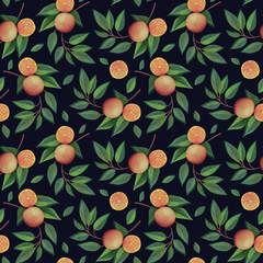 Fototapeta na wymiar Orange branches with fruits seamless pattern on dark background. Natural fresh organic summer pattern. Garden, tropical texture. 3d rendering with watercolor painting of oranges, madarines and leaves